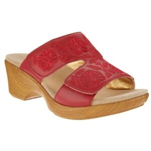 Alegria Linn Wedge Sandals Womens Size EU 38 Red Embroidered Leather Slip On